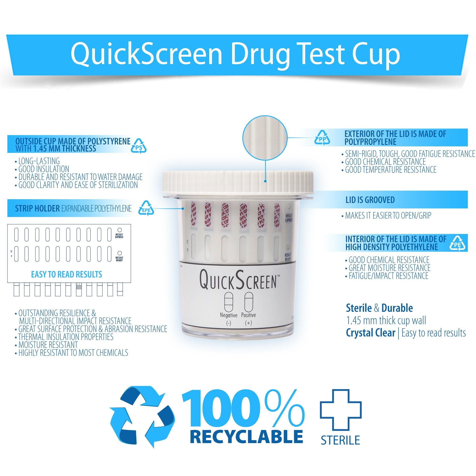 QuickScreen Urine Drug Cup - 12 Drug Test With Adulteration